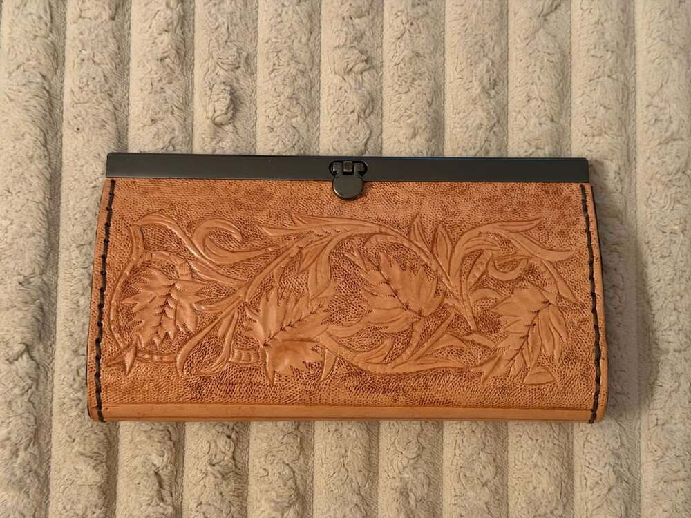 Handmade Tooled Leather Checkbook Wallet Floral Carved Brown